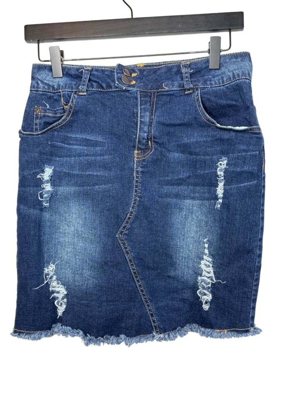 Distressed Denim Mini Skirt Women L Raw Hem Stretch Blue
